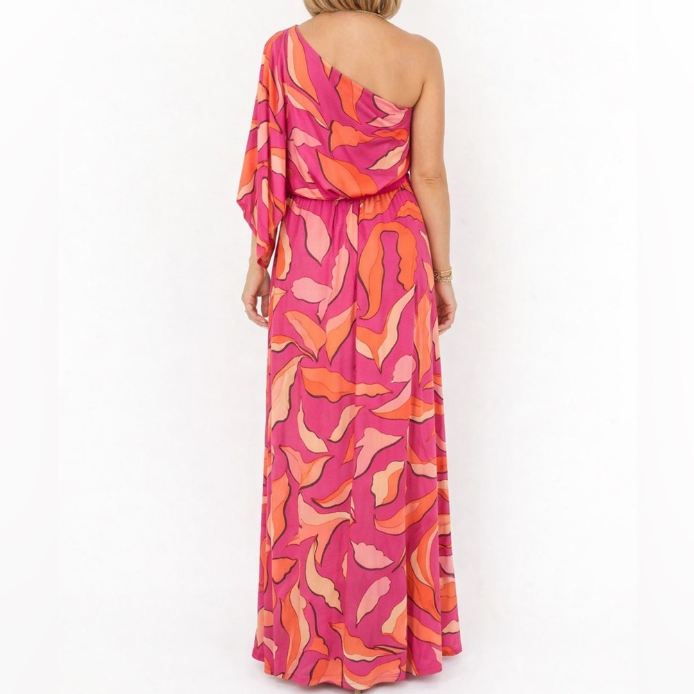 Pink One Shoulder Maxi Dress Abstract Print Bright Summer Vacation Resort - Picture 2 of 6